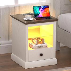Rresyet LED End Table with Charging Station, White Nightstand with Drawer and Storage, Adjustable Shelf, Wooden Bedside Table for Bedroom & Living Room (1 Piece)