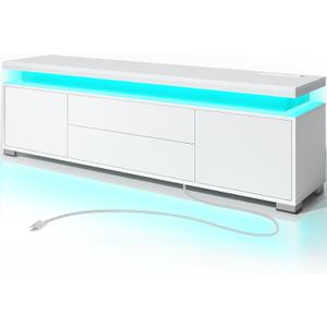 Rolanstar TV Stand with LED Lights & Power Outlet, Modern Entertainment Center for 32/43/50/55/65 Inchs TVs, Table, Universal Gaming Media Stand Storage Cabinet and Large Storage, White