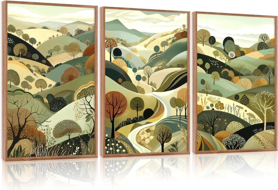 Aurlan Abstract Mountain Landscape Wall Art Set(16”x24”), 3 Pieces Green Forest Nature Framed Canvas Artwork, Large Boho Minimalist Watercolor Scenery Wall Decor for Office Bedroom Living Room