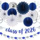 Navy-Blue Silver Party-Decorations Graduation Banner-Streamers - 18pcs Kits Class of 2026 Garland, Paper Tissue Pom Poms Fan, Honeycomb Lanterns Congrate Grad Congratulations Decor Panduola