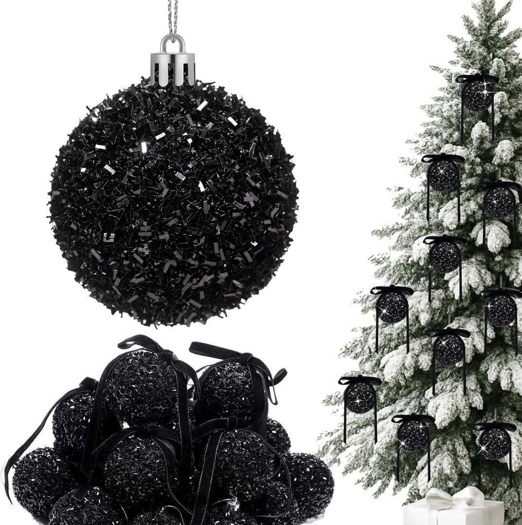 Wesiti 24 Sets 2.6 Inch Black Glitter Christmas Ball Ornament Set 24 Sparkly Shatterproof Tinsel Ball Ornament with 24 Bow Sequin Hanging Xmas Tree Decoration Indoor Outdoor for Xmas Wedding Decor