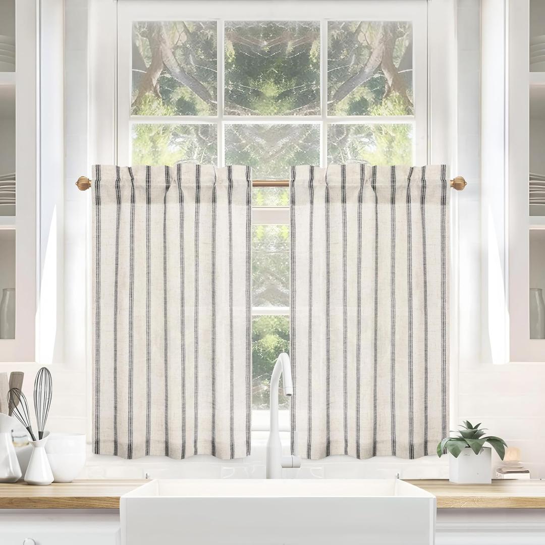 DriftAway Kitchen Tier Curtains - Striped Linen Short Pinstripe Cafe Curtains 36 Inch Length for Living Room Bathroom Chris Farmhouse Rustic Rod Pocket, Farmhouse Black