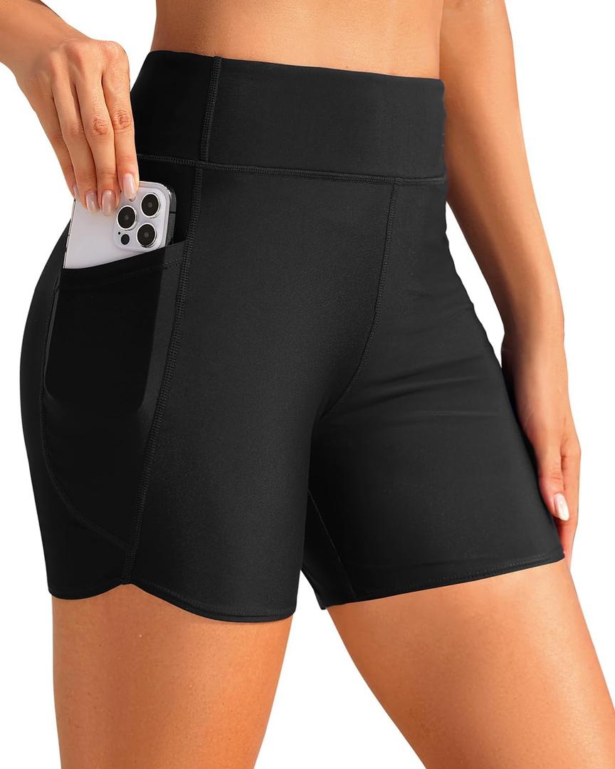 Daci Women High Waisted Swim Shorts - 5"/7" Bathing Suit Short with Pockets Liner Tummy Control Swimsuit Bottom Boy Shorts (XX-Large, Black)