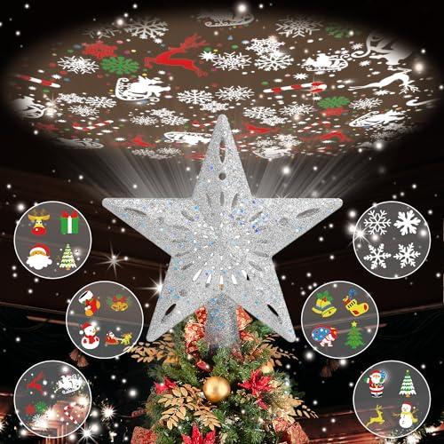 Patiobay Christmas Tree Topper Lighted with 6 Projected Patterns, Christmas Star Tree Topper Built-in LED Rotating Lights, 3D Glitter Projector for Party Holiday Xmas Decorations Gifts (Silver)
