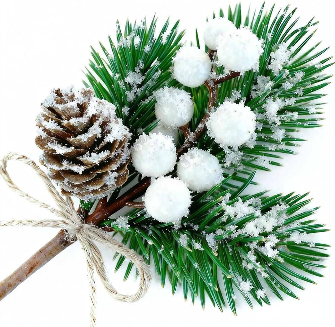 10 Pcs White Berry Stems - Christmas Picks and Sprays,Artificial Pine Branches Pine Cones for Decorating,Christmas Greenery Tree Wreath Floral Picks,Birthday Wedding Christmas Decorations