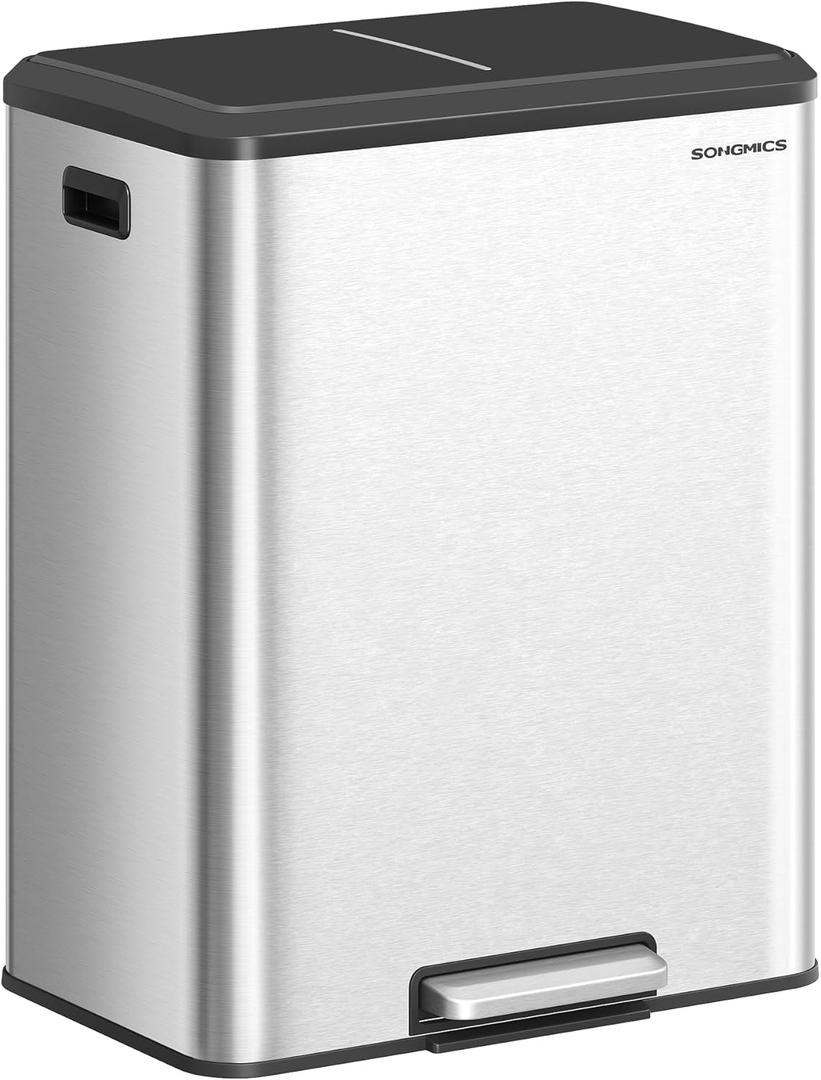 SONGMICS Trash Can, 2 x 8 Gallon (2 x 30 L) Double Garabge Can for Recycling and Waste, Stainless Steel, Soft-Close Lid, Inner Buckets, Wide Sturdy Pedal, Metallic Silver ULTB556E01