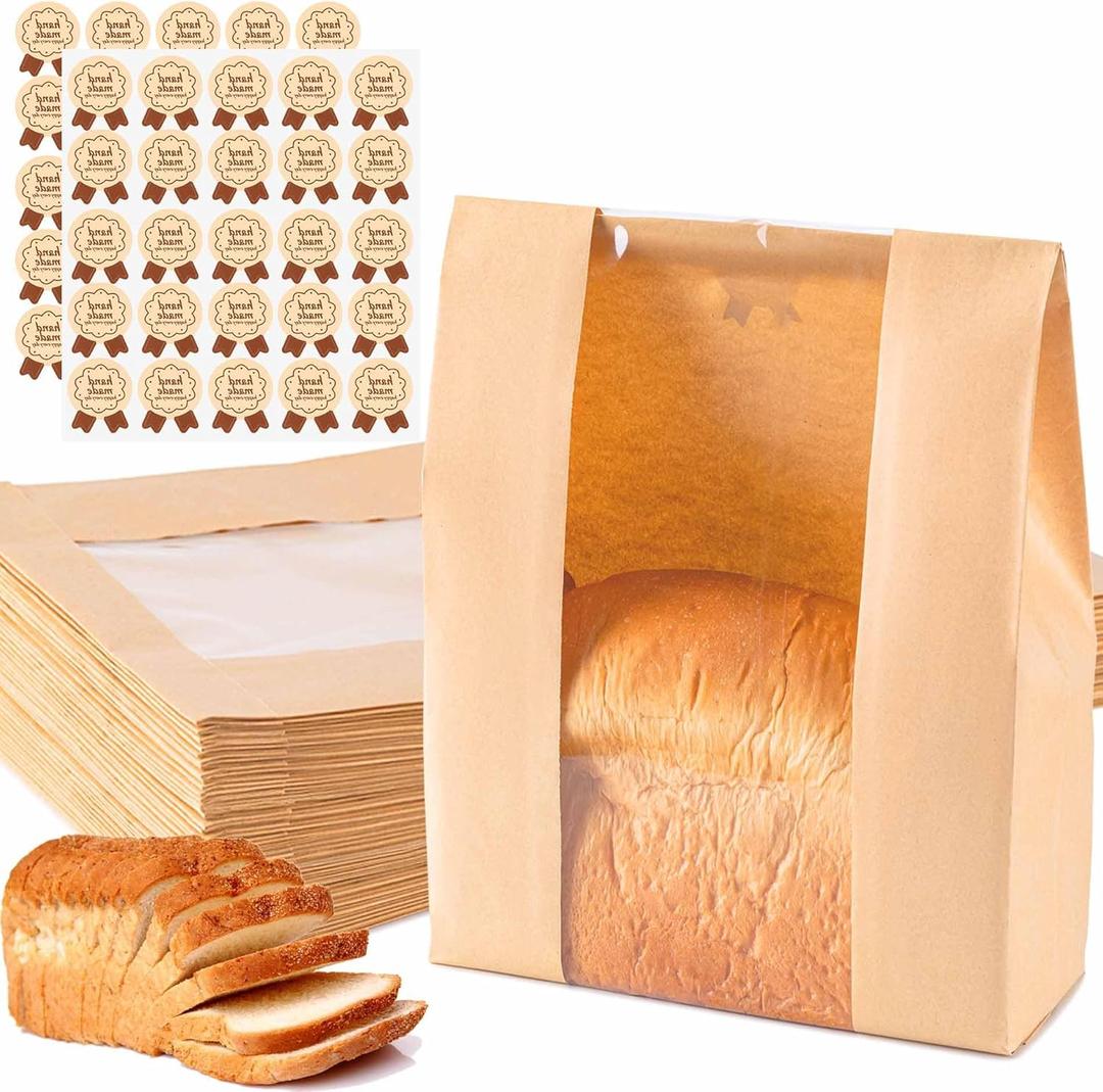 50Pcs Sourdough Paper Bread Bags for Homemade Bread with Window, Includes 50PCS Label Seal Stickers for Food Storage(50% Thicker 13.7x8.3x3.5 in - Large)