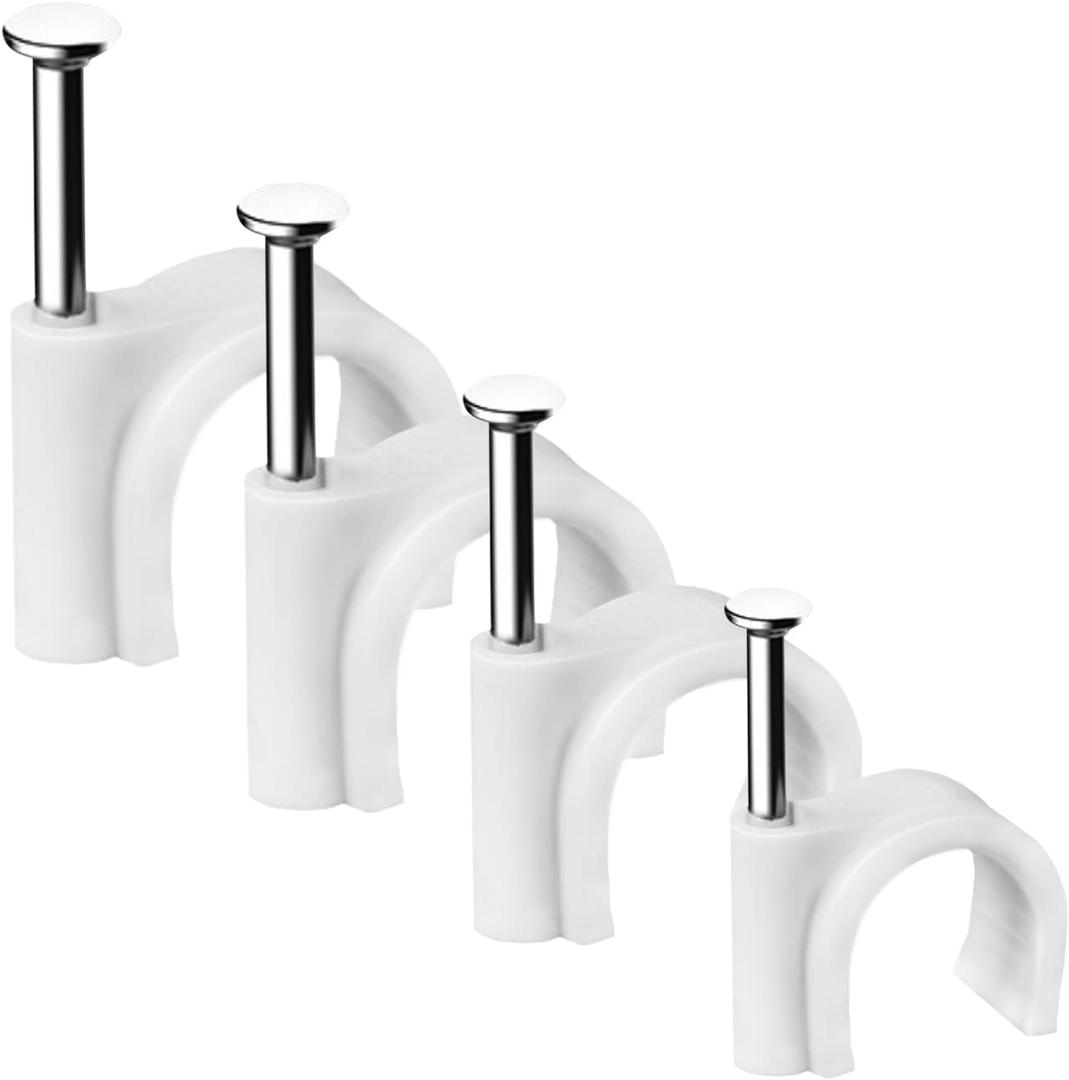 Cable Clips, 400 Pcs, 4mm 6mm 8mm 10mm, Wire Wall Clips with Steel Nails, Ethernet Cable Clips, Cable Tacks Coax Cable Clips, RG6 RG59 CAT6 RJ45 Cable Cord Clips, White (White-4/6/8/10mm)