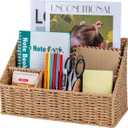 DINGTAI Rattan Desk Organizer, Tabletop Mail Holder, 5 Slot Mail Organizer Countertop Basket, Rattan Office Supplies, Boho Office Desk Accessories, Wicker Desk Organizer, Magazine Holder , Wicker