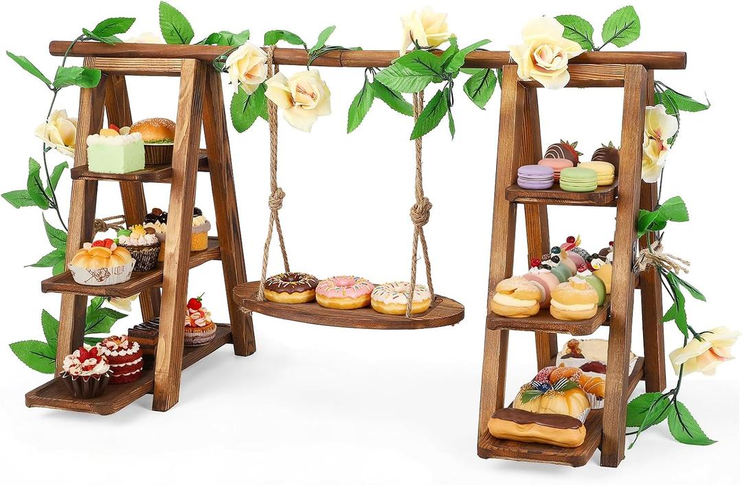 3 Tier Wooden Cupcake Stand with Swing & Flower Decor for Cake Fruit Snack
Dessert Table Display Set with Removable Trays, Rustic Foldable Ladder Stand for Party, Birthday, Wedding & Events