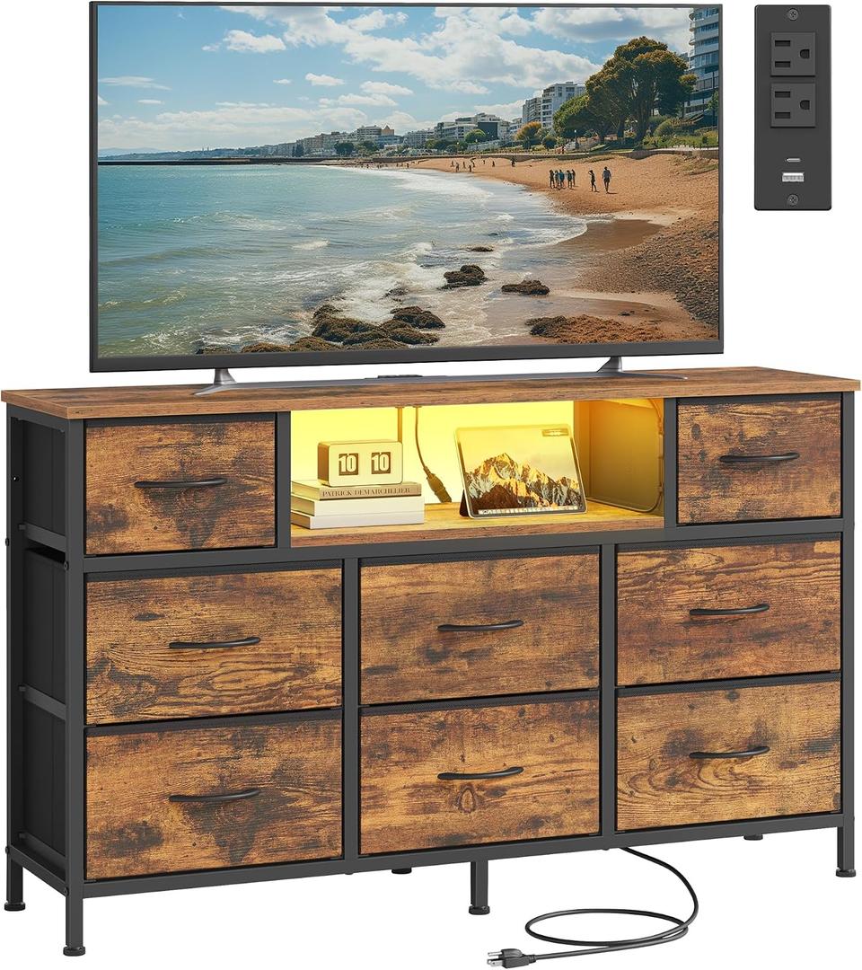 SONGMICS Dresser for Bedroom with Outlets & LED Lights, 8 Fabric Drawers, 11.8"D x 44.8"W x 26.8"H