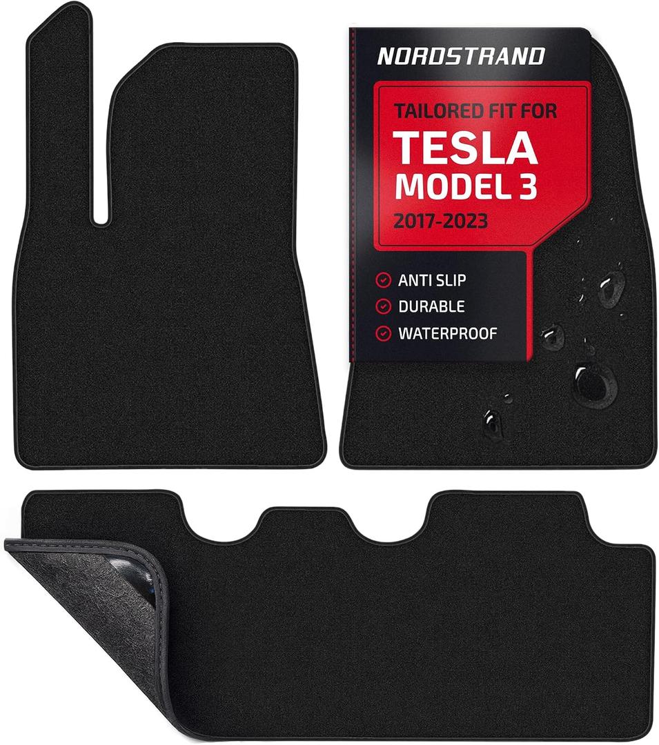 Nordstrand Floor Mats for Tesla Model 3 2023-2017 - Custom 3D Fit - 1st & 2nd Row - Set of 3 - Nylon Anti-Slip Backing - 30oz Heavy Duty Carpet Mat - All Weather Car Liner Floormats