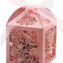 KPOSIYA 100 Pack Wedding Favor Boxes Laser Cut Boxes Party Favor Box Small Gift Boxes Lace Candy Boxes for Wedding Bridal Shower Baby Shower Birthday Party Anniverary with Ribbons (Pink, 100)