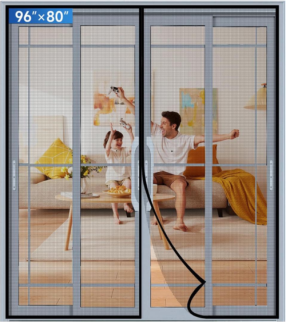 Upgraded PET Mesh Magnetic Screen Door, Stronger Than Fiberglass and Polyester, Hands Free, Keep Bugs Out, Pet & Kid Friendly, Suitable for Sliding and Patio Doors - 96" X 80" (Fit Door Size 9680 Inch, Black)