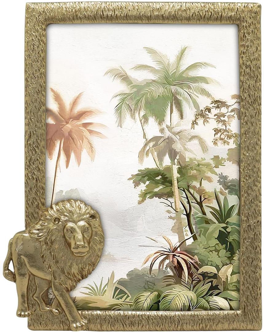 Lion Photo Frame / 4x6 In | For Vertical Display on Tabletops | Perfect for Home Decor, Wedding, Vacation, Graduation, Or Any Milestone Photos (Gold)