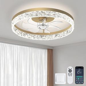 Flush Mount Golden Ceiling Fans with Lights Low Profile and Remote 20 Inch Smart Modern Led Lights for Bedroom Kids Room Garage and Living Room