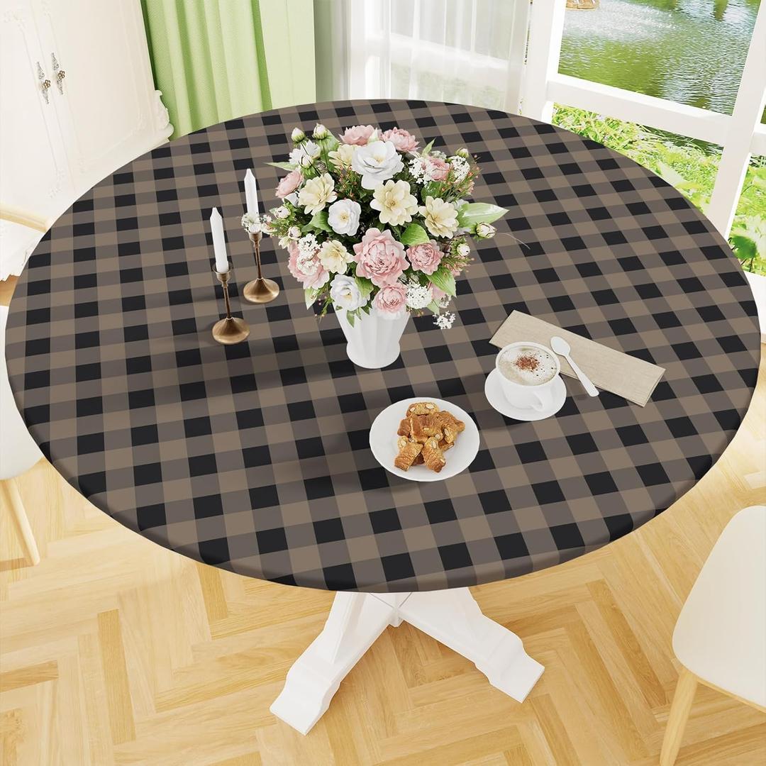 Smiry Round Picnic Tablecloth, Elastic Waterproof Fitted Vinyl Tablecloths for 45"-56" Tables, Flannel Backed Buffalo Plaid Table Cover for Dining, Camping, Outdoor, Black and Khaki