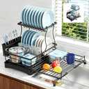 2 Tier Dish Drying Rack, Large Extendable Dish Racks for Kitchen Counter , Dishrack with Drainboard, 2-in-1 Anti-Rust Stainless Steel Dish Drainer with Utensil Holder (Black, double of Dish Rack), double-tier dish rack 16.7"w X14.8"H 12.8"-20.8"