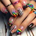 Colorful Pattern Press on Nails Gradient Design Fake Nails Medium Square Full Cover Acrylic Glue on Nail Glossy Artificial Stick on Nail for Women Manicure