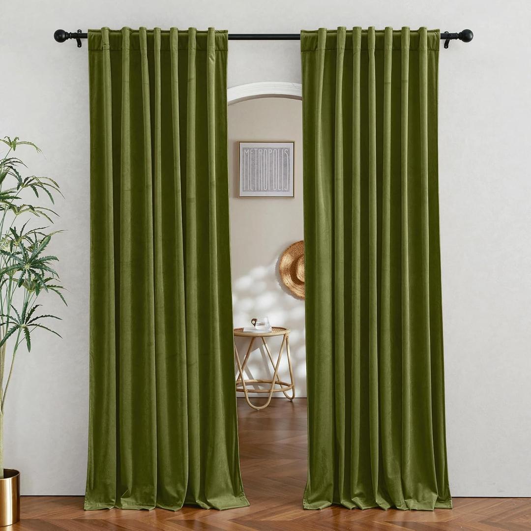RYB HOME Moss Green Velvet Curtains 84 inches - Back Tab Blackout Curtains for Nursery, Bedroom Room Divider Panels Thermal Insluted Drapes for Living Room, Wide 62 x Long 84, 2 Panels