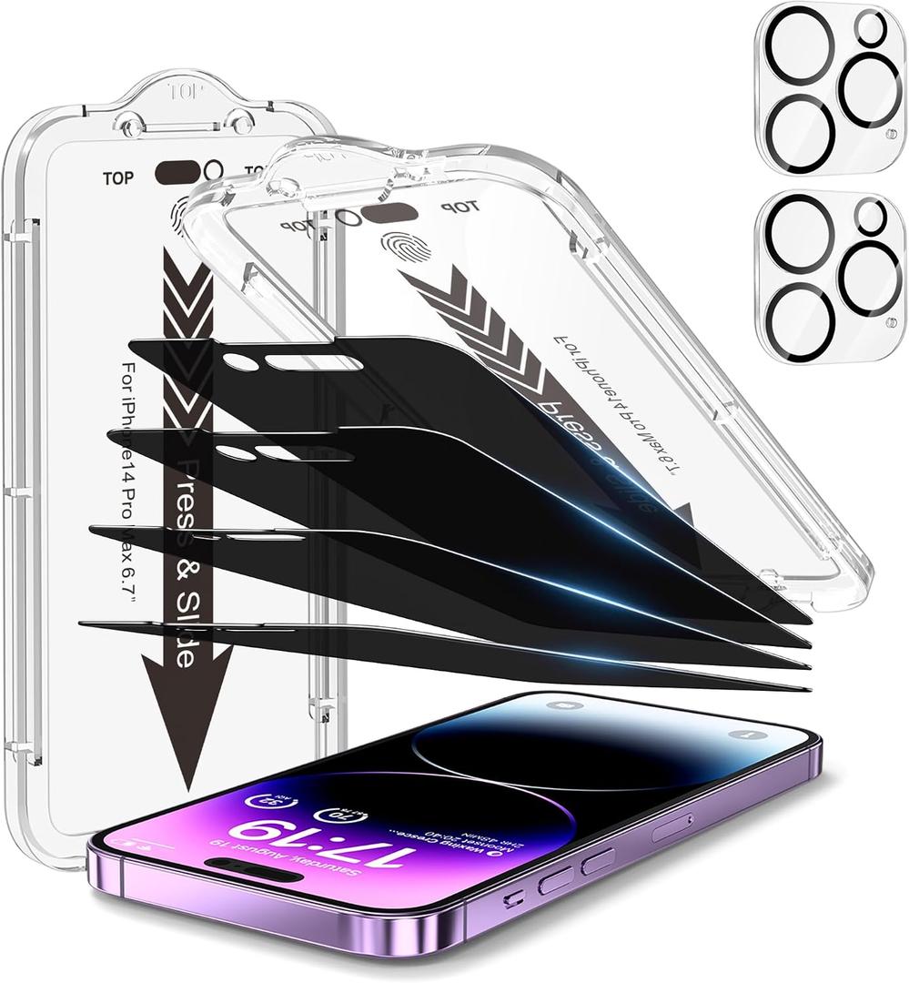 EZ-GLAZ 4-Pack for iPhone 14 Pro Max Privacy Screen Protector [6.7"] with Flawless Fit Kit + 2-Pack Camera Lens Protector, 15-Second Bubble-Free Installation, 9H Hardness, 12FT Military Grade Shatterproof, Scratch Resistant, Tempered Glass
