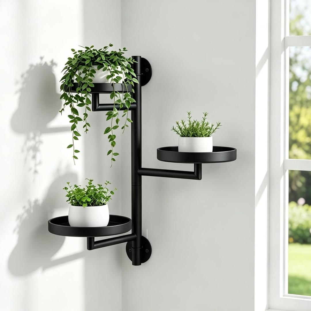 Brizphex Rotating Window Wall Mounted Plant Shelf, 3 Tier Indoor Corner Metal Wall Plant Holder With 360° Swivel Trays, Space Saving Hanging Planter Display Stand for Succulents Herbs