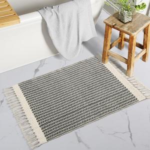 Lahome Boho Bathroom Rugs, Small 2x3 Entry Rug Washable Front Door Bath Mat Woven Cotton Area Rug with Tassels, Farmhouse Non Shedding Lightweight Grey Throw Rug Low Pile Carpet for Kitchen