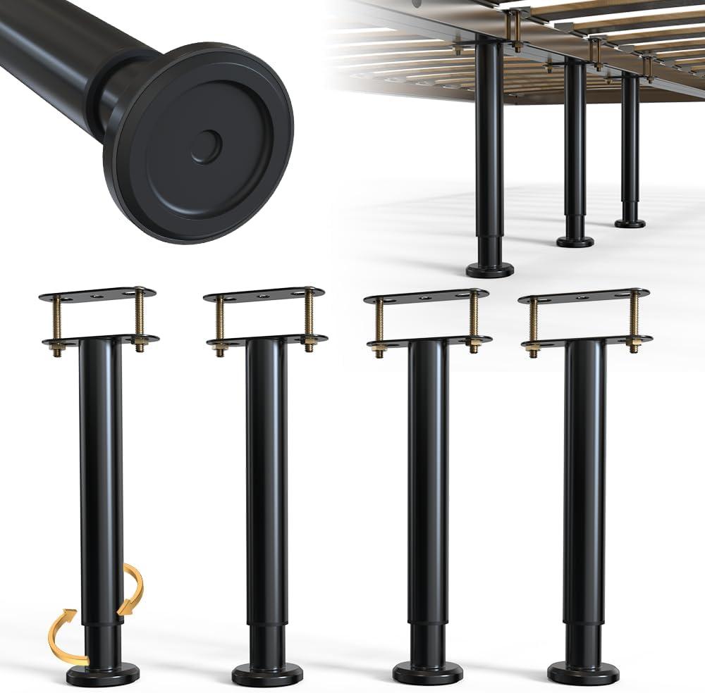 4Pcs Adjustable Height Bed Frame Support Leg, Extra Sturdy Steel Bed Frame Support Legs with Wider Rubber Base, More Stable/ Quieter, Bed Slat Reinforcement Kit for King/ Queen Bed (10"-16.5")