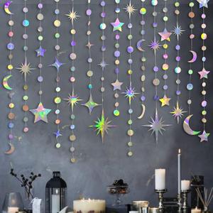 Iridescent Star Moon Circle Dot Garland Party Decoration Kit Hanging Crescent and Twinkle Little Star Streamer Bunting Banner for Kids First Birthday Ramadan EID Mubarak Baby Shower Wedding Decor