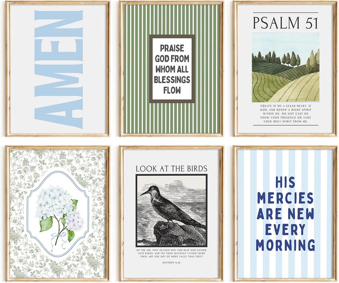 Blue Green Christian Wall Art Decor Bible Verse Canvas Poster Preppy Scripture Pictures Trendy Religious Prints Aesthetic Floral Artwork Painting for Bedroom Living Room 8x10 Inch Unframed Set of 6