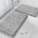 Yimobra Bathroom Rug Set 2 Piece, Soft Absorbent Microfiber Bath Mat Set, Non Slip Machine Washable Dry, Plush Shaggy Shower Rugs for Bathroom Floor, 32"x20"+24"x17", Light Gray and White