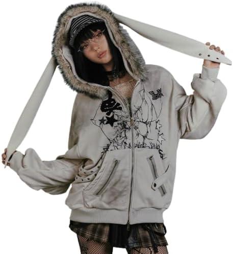 CEINOM Kawaii Bunny Ear Striped Long Sleeve Hoodies Women Harajuku Y2k Zip Up Sweatshirts Cute Style Autumn Winter Hoodies, 2