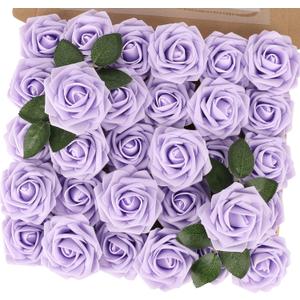 MACTING Artificial Lavender Flowers 30PCS Real Touch Fake Flowers with Stem Soft Foam Roses DIY Wedding Bouquet Boutonniere Table Centerpieces Party Summer Home Decorations