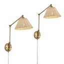 Fetason Gold Dimmable Plug in Wall Sconces Set of 2 with Swing Arm, Hand Woven Rattan Wall Sonce Light Fixture, Vintage Bedside Wall Mounted Lamp for Bedroom Living Room Home Office