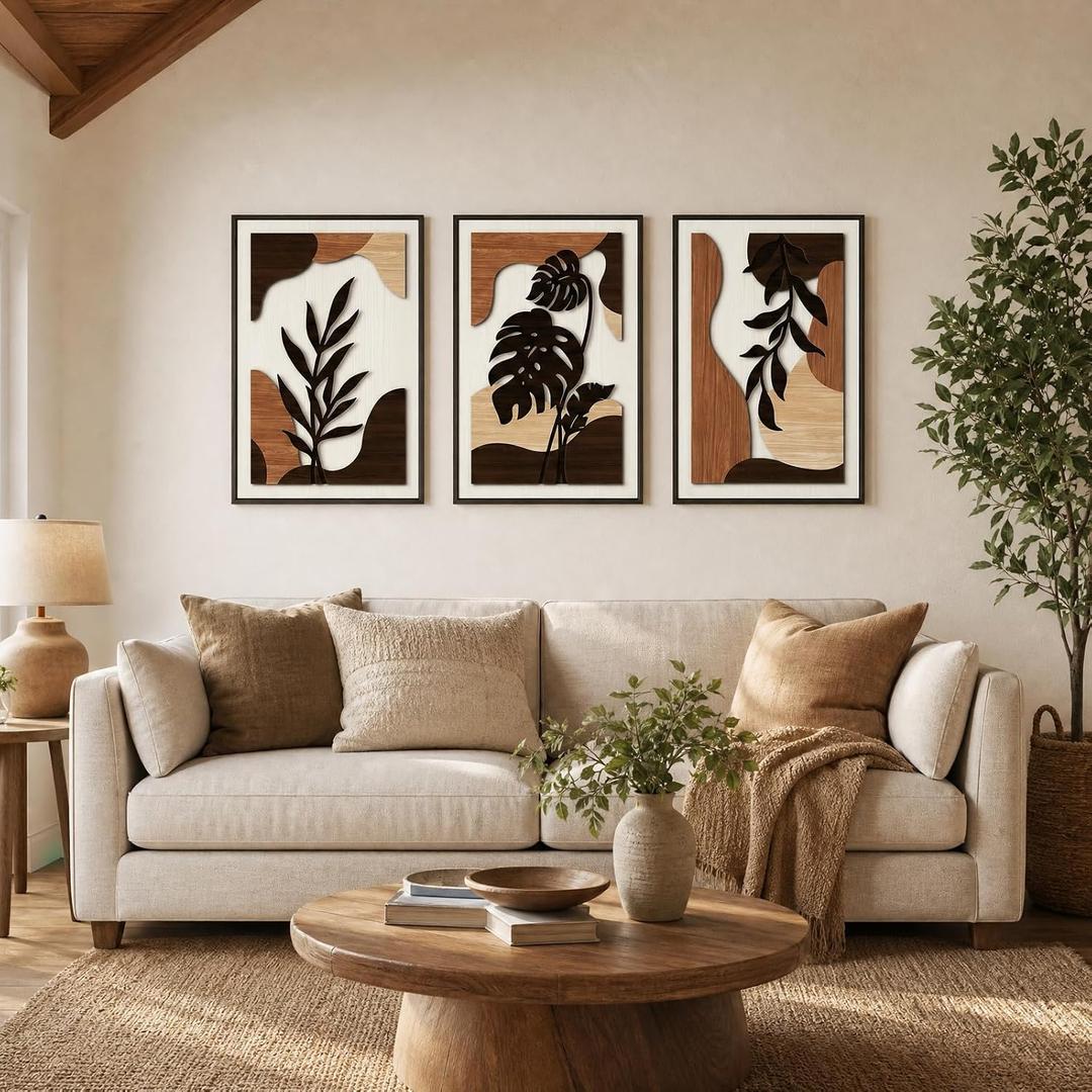 3D Large Solid Wood Wall Art Set of 3, Boho Flower Wall Decor, 16"×24" Each