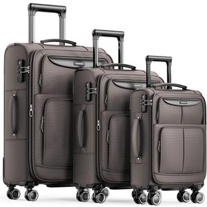 SHOWKOO Luggage Sets 3 Piece Softside Expandable Lightweight Durable Suitcase Sets Double Spinner Wheels TSA Lock Light Coffee (20in/24in/28in)