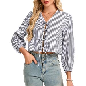 LUXEBOLD Womens Tops Cute Tie Front Striped Blouses Dressy Casual V Neck Shirts Long Sleeve Crop Tops Summer Black L (L)