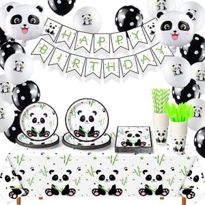 Buryeah Panda Birthday Party Supplies Panda Disposable Tableware Set Include Happy Birthday Banner Panda Plates Napkins Balloons Tablecloth Cover Forks Knives Cups and Straws for Birthday Party(Boy)