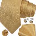 GUSLESON 3.15"8cm Mens Tie and Lapel Pin Paisley Necktie Hankerchief Cufflinks Set for Men