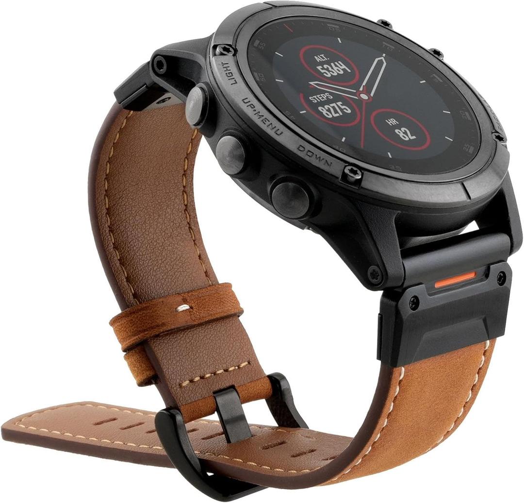Abanen Genuine Leather Watch Band for Garmin Fenix 8 47mm / epix Pro 47mm / Instinct 3 45mm, QuickFit Retro Classic Wrist Strap for Fenix 7/6/5,Quatix 7