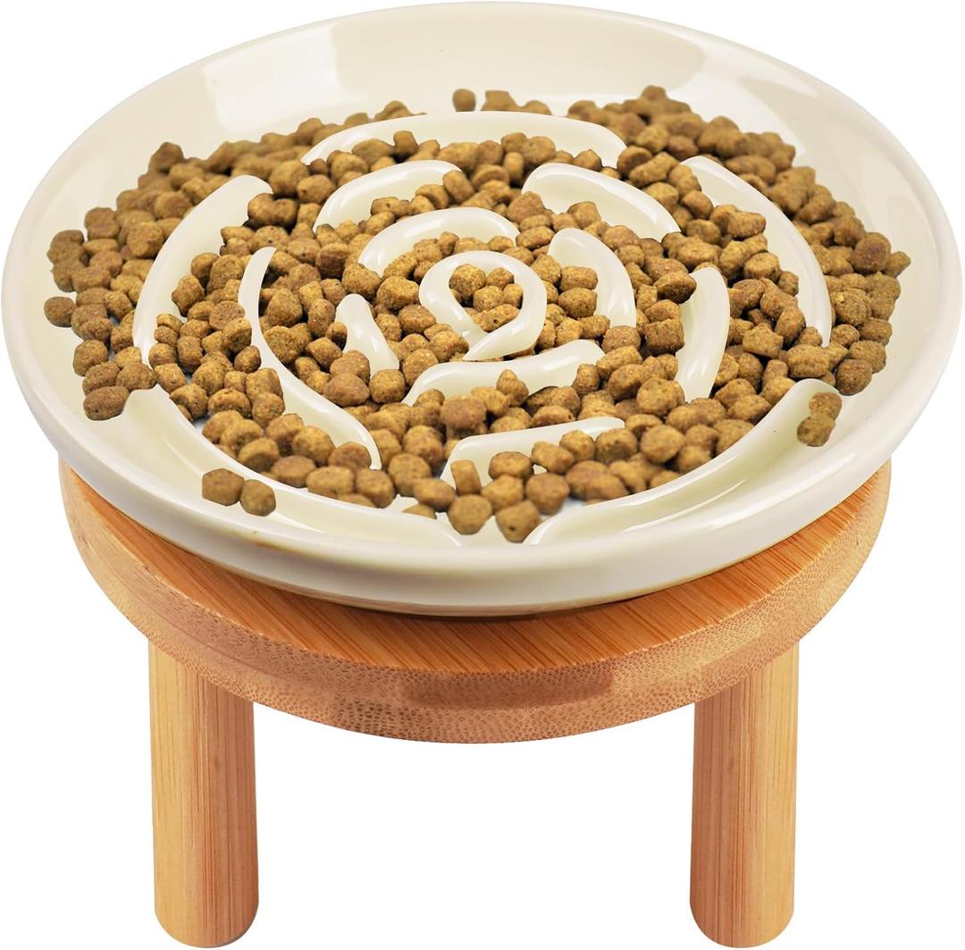 Elevated Slow Feeder Cat Bowls, Ceramic Cat Slower Feeding Bowl with Bamboo Stand, 5.9 Inch Wide Shallow Cats Bowls Whisker Friendly, Anti Vomiting Cats Slow Feeder for Dry or Wet Food Dishwasher Safe (Cream)