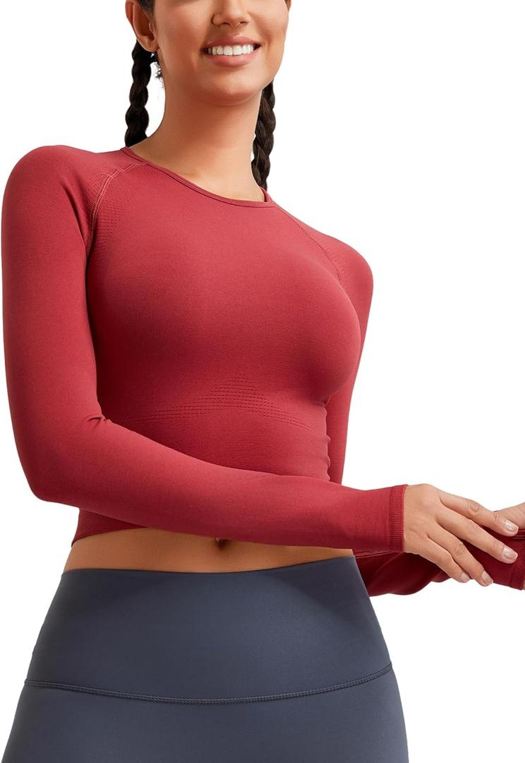 RUNNING GIRL Long Sleeve Workout Tops for Women Soft Crew Neck Basic Tight Cropped Top Casual Seamless Shirt (Red, S)