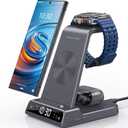 Wireless Charger Samsung Charging Station: 3 in 1 Android Charging Stand with Dimmable Clock - Nightstand Organizer for Galaxy S25 Ultra S24, Galaxy Watch 8 7 6 5 4, Galaxy Buds, Space-Saving Charger (Grey)