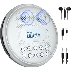 ARAFUNA CD Player Portable, Rechargeable Portable CD Players for Car with Speakers, Anti-Skip Small CD Player with Backlit Button, LCD Display and AUX Cable (Silver)