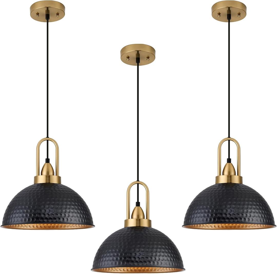 Black Pendant Lights Kitchen Island Industrial Adjustable Height Vintage Farmhouse Dome Hanging Light Fixtures for Barn, Dining Room 3 Packs