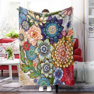 Neasow Floral Fleece Throw Blanket, Vibrant Color Boho Flowers Blossom Cozy Decor Throws for Sofa Bed Couch Chair or Dorm 5060 inch