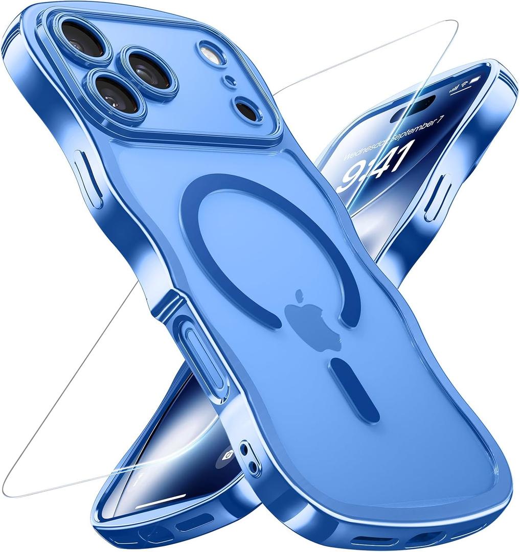 for iPhone 17 Pro Max Case: [Cute Wave Frame][Fit for MagSafe] Military Drop Shockproof Protection, Camera Protective Glossy Slim Magnetic Wavy Phone Cover for Women Girls 6.9'', Clear/Blue