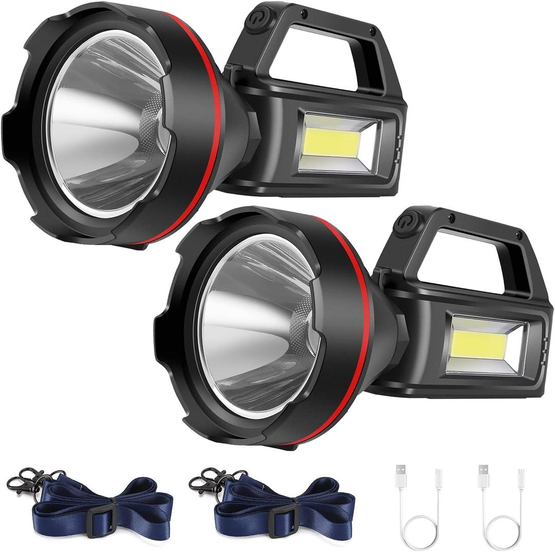 Rechargeable Spotlight Flashlight, High Lumens Handheld Spotlight,LED Searchlight with Shoulder Strap and USB Output for During Hurricane,Emergency, Storms,Hunting , Hiking, Camping(Black Pack of 2)