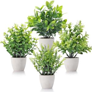 4 Pack Fake Plants Ceramic Mini Artificial Greenery Potted Plants for Home Decor Office Decor Room Decor Farmhouse Decor Indoor Table Bathroom Decor (White)