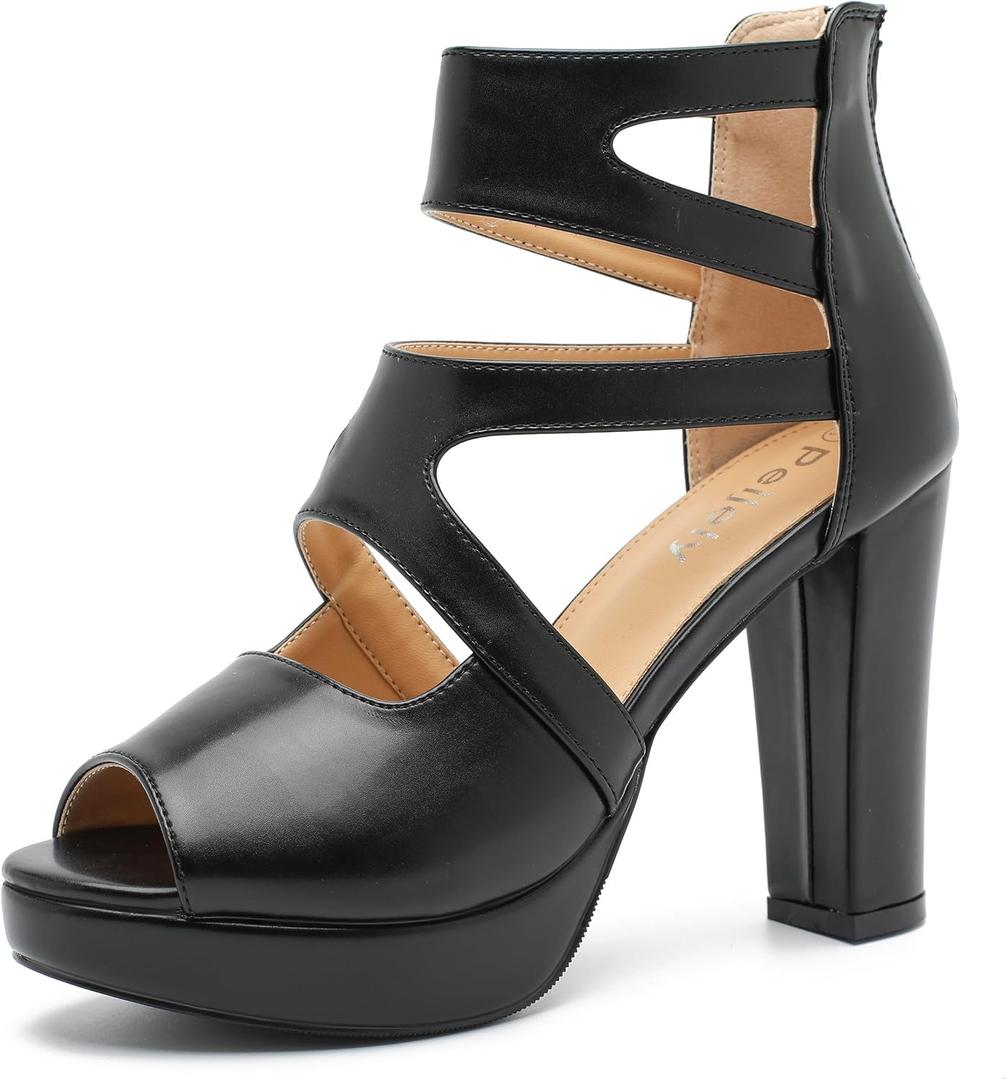 Peijely Womens Platform Heels Hollow Out High Chunky Heeled Zip Dress Party Sandals Black Matte 36 - US 6.5